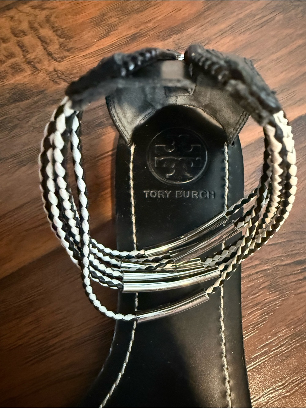Tory Burch Black Sandals with Braided Cream Accents - Picture 4 of 6